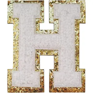 3Pcs 3.1in Height H Varsity Glitters Chenille Letter Patches Iron on Alphabet Cloth Patch for Team Costume Clothing Bags Hats Dress Decoration (3 Pieces)