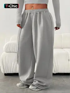 Men's Street Style Loose-Fit Fleece-Lined Casual Pants, Elastic Waist Wide Leg Y2K Fashion Joggers, Soft Knitted Sporty Daily Wear, Relaxed Sweatpants, Soft Comfy Sweatpants, Knitted Sports Pants