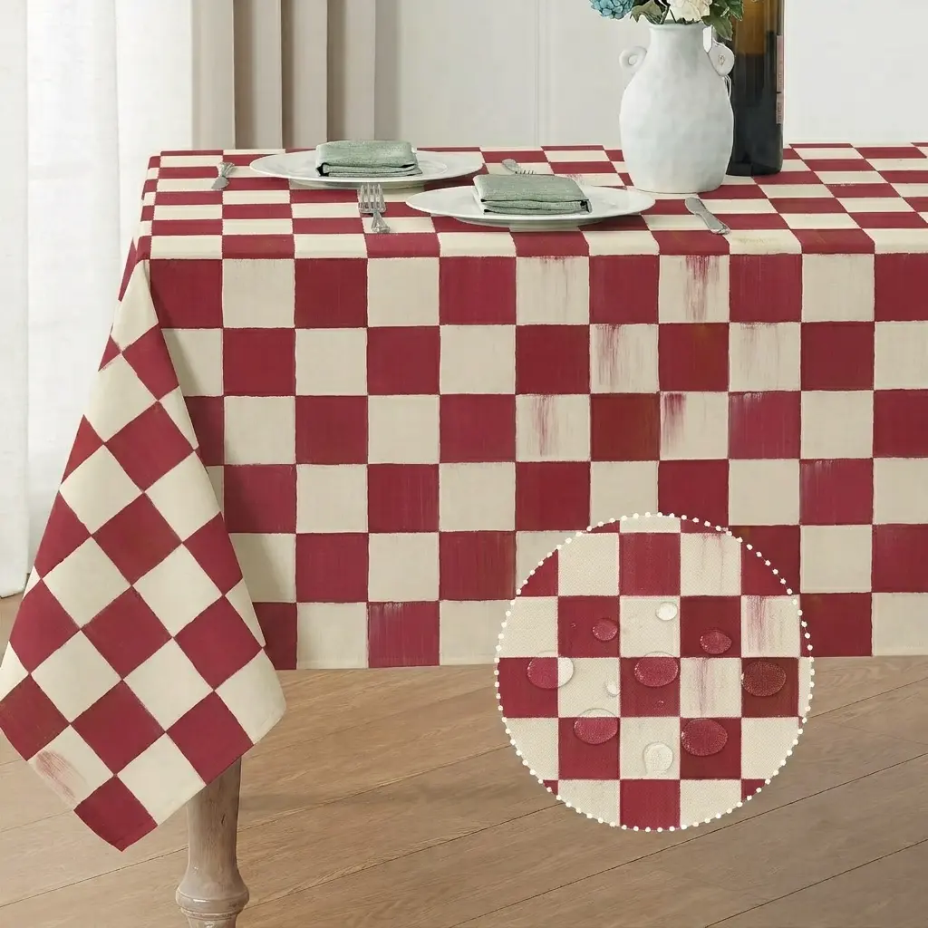 Mackenzie Childs Cherry Check Rectangle Tablecloth Waterproof Linen Textured Table Cloth Stain and Wrinkle Resistant Washable, Decorative Fabric Table Cover