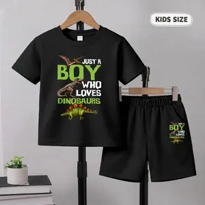 Boys’ Just A Boy Who Loves Dinosaurs Printed Design Short Sleeve T-Shirt And Shorts Set, Casual Kids Summer Outfit, Comfortable Crew Neck Clothing Set For Daily Wear And Outdoor Play