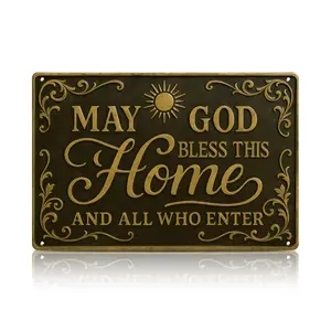 1pc 12×8inch (30×20cm) “May God Bless This Home and All Who Enter” Vintage Religious Tin Sign – Christian Wall Art for Entryway, Living Room, Garden & Porch Décor