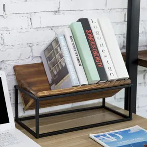 Burnt Wood and Industrial Black Metal Trough Style Desktop Book Storage Organizer