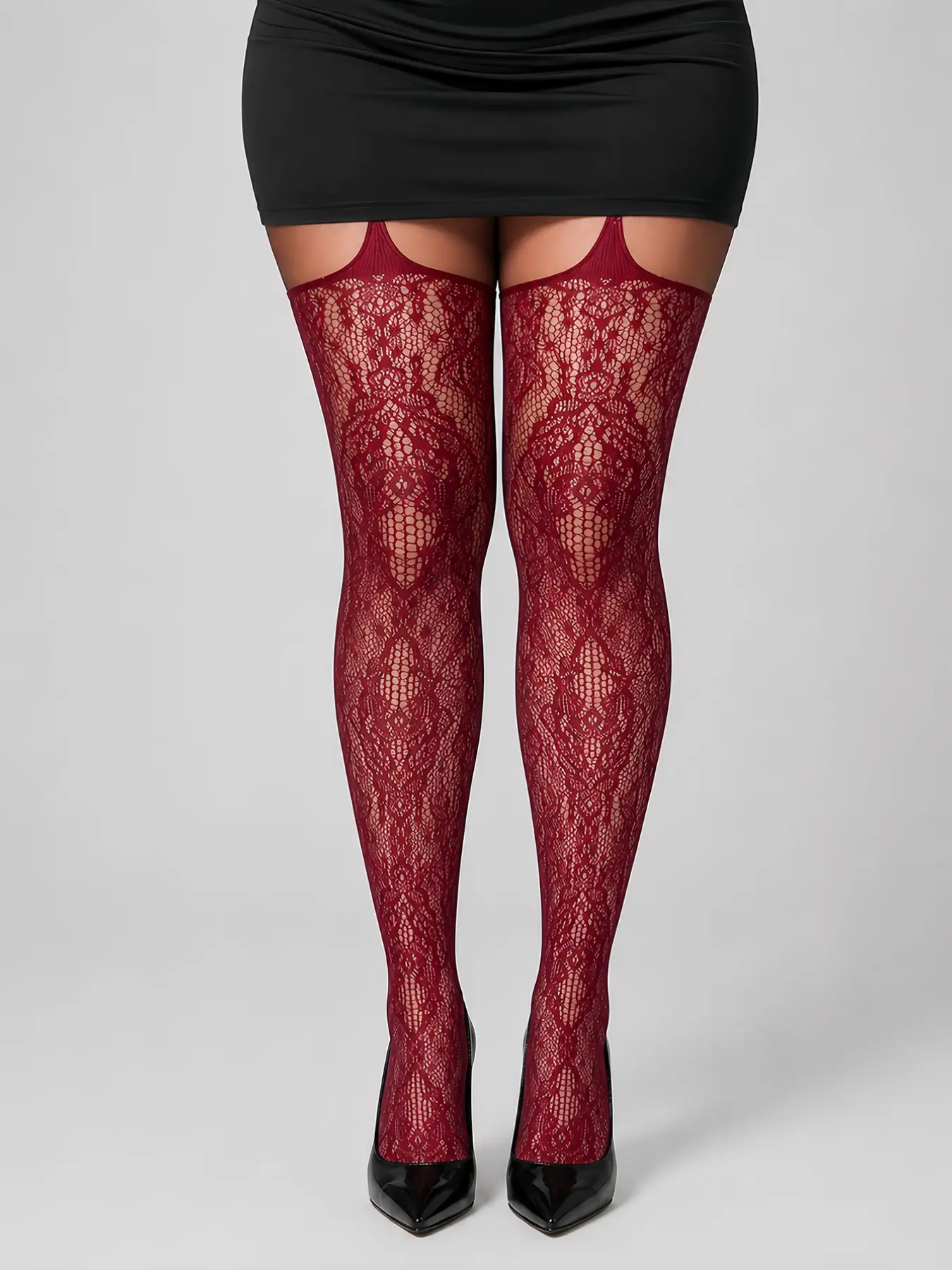 Plus Size Women Burgundy Floral Lace Fishnet Garter Tights, Lingerie, Sheer Mesh Suspender Pantyhose, Stretch Hosiery, Sheer Stockings for Party, Club, Date Night