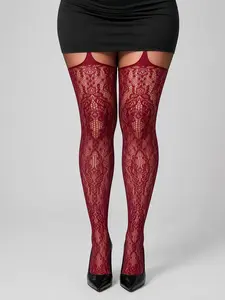 Plus Size Women Burgundy Floral Lace Fishnet Garter Tights, Sheer Mesh Suspender Pantyhose, Stretch Hosiery for Party, Club, Date Night