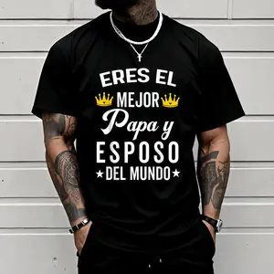 Men's Graphic T-Shirt for Father's Day, 100% Cotton Casual Short Sleeve Round Neck Top with Best Dad & Husband Slogan