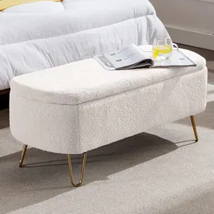 Modern Storage Ottoman Bench, Vintage Boucle Upholstered Entryway Bench, End of Bed Bench with Gold Legs, Padded Bench with Storage for Living Room, Bedroom, Entryway