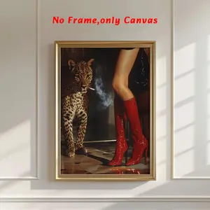 1pc, Wall Art, Vintage Poster, Stylish Red Boots Print, Artistic Fierce Leopard Canvas Painting, Living Room Aesthetic, Bedroom Decor, Apartment Decor, Modern Home Decor, Housewarming Gift, Unframed