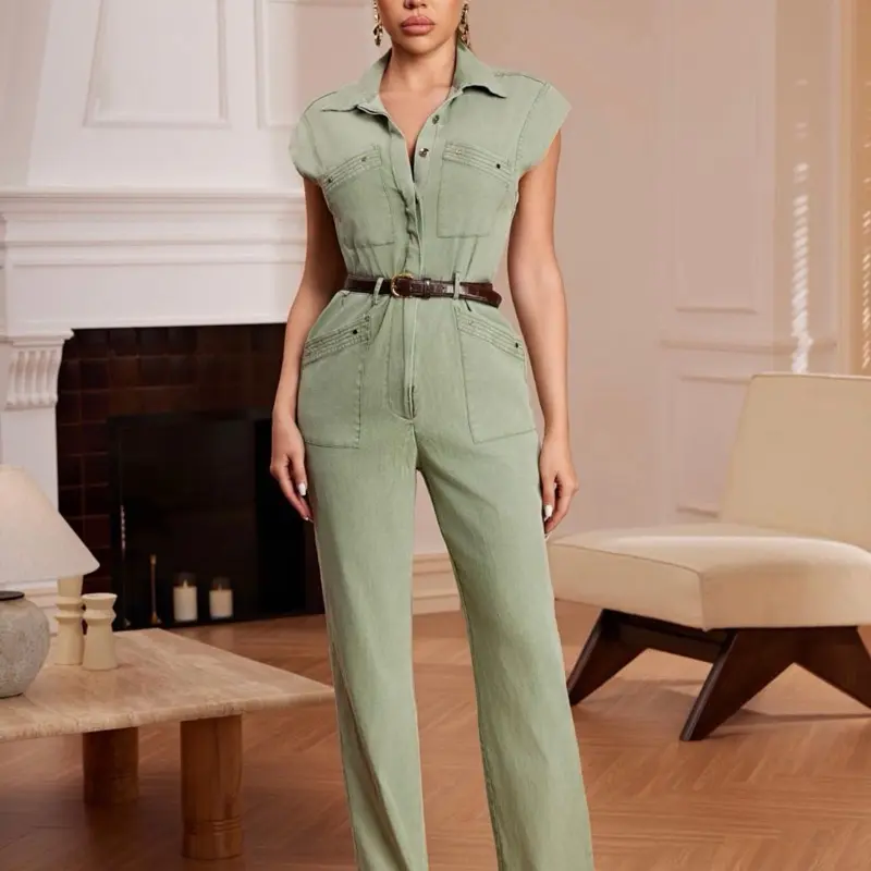 Women’s Sage Green Belted Utility Jumpsuit – Casual Sleeveless One-Piece Outfit