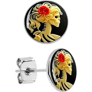 Stud Earrings Stainless Steel Red Rose Skeleton