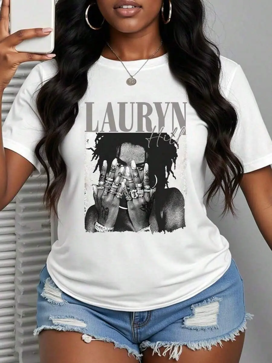 With Ring On Hand -  Cotton Women's T-Shirt/Lauren Hill/Letter Print/Vintage T-Shirt/Women's Casual Loose Round Neck Top/Spring And Summer-Niche Graffiti Prints T-Shirts