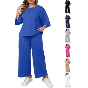 【1XL-5XL】Plus Size Curve Imily Bela Curve Womens Plus Size 2 Piece Outfits 3/4 Sleeve Tops and Wide Leg Pants Loungewear Pajamas Sets