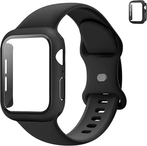 3-in-1 for Apple Watch Band 40mm 41mm 44mm 45mm with Case & Screen Protector, Silicone Sport Band and Protective Cover with 9H Tempered Glass for iWatch Series SE 9 8 7 6 5 4 3
