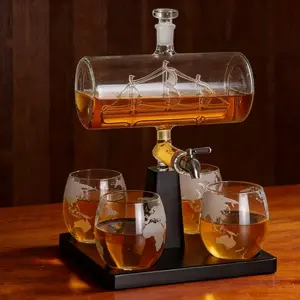 Unique Sailboat Shaped Wine Set, Includes 4 Engraved Whiskey Glasses, 1000ML/37.2oz, Ideal for Liquor, Scotch, Bourbon, Vodka, Men's Gift