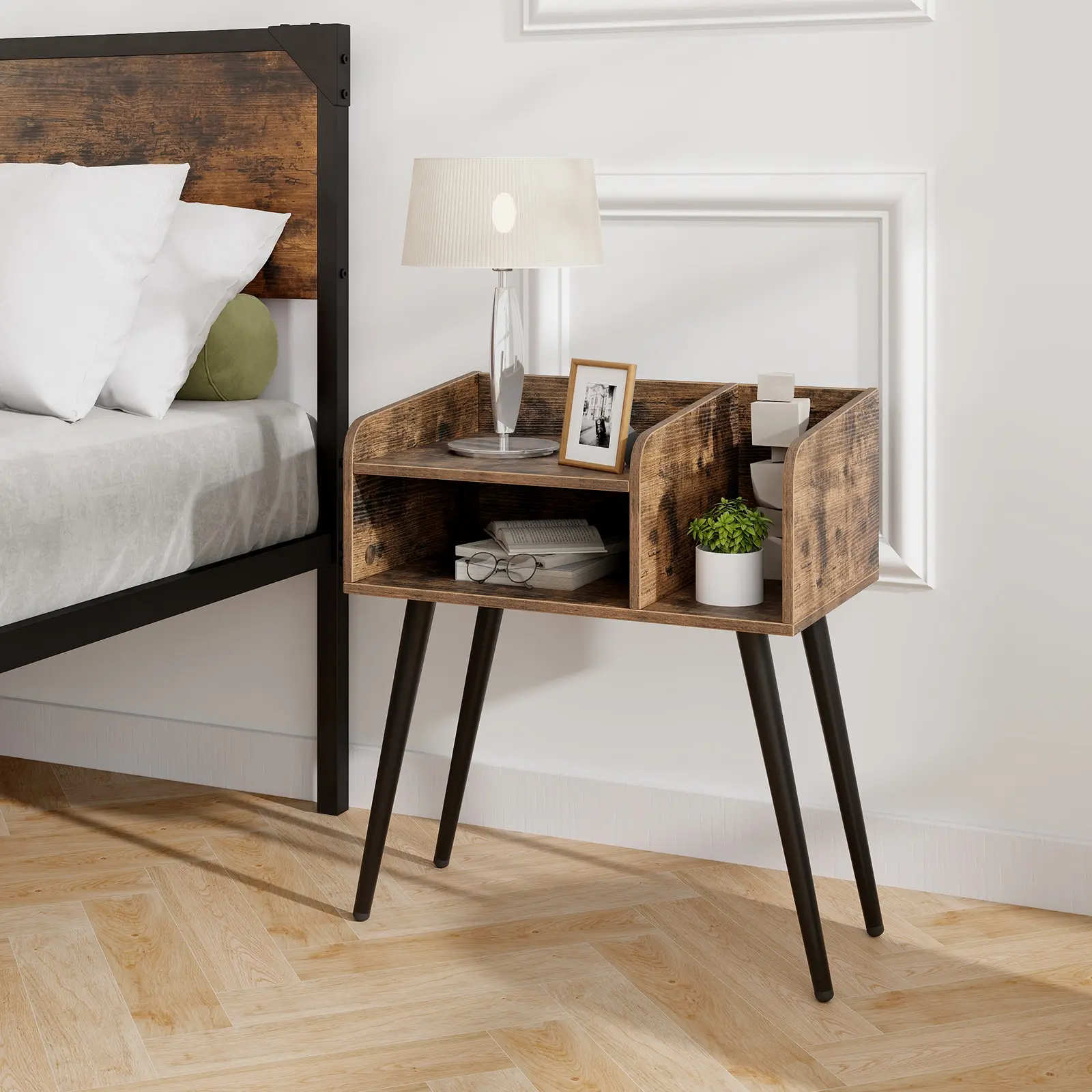 COSTWAY - Mid Century Modern Nightstand  with Open Shelves-Brown