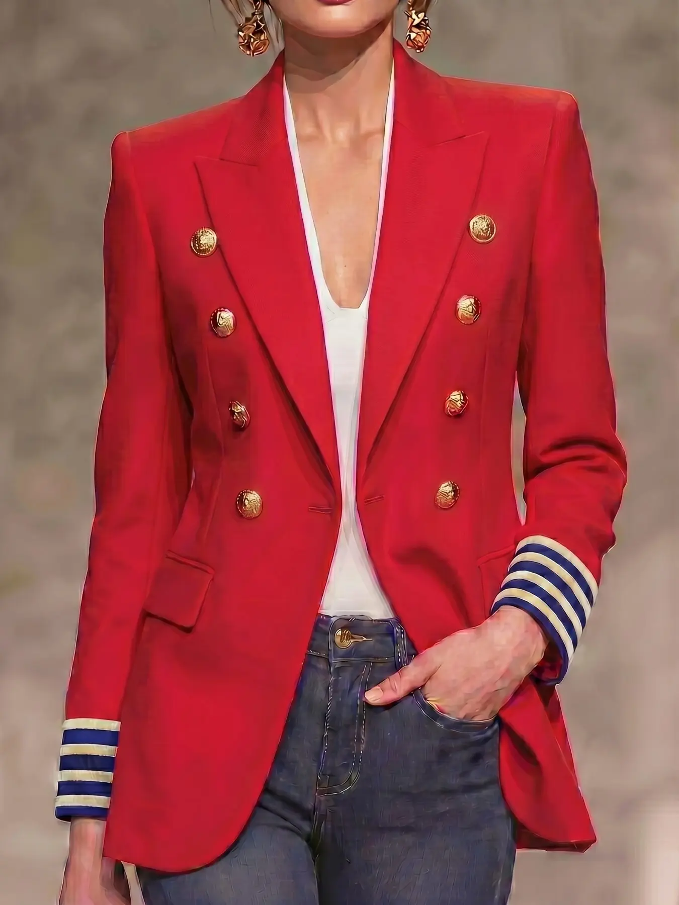 French Vintage Dressy Blazer, Double Breasted, Long Sleeve, Striped Sleeves, Versatile Slim Fit, Elegant Chic Office Top, Perfect for Daily Wear, Outerwear