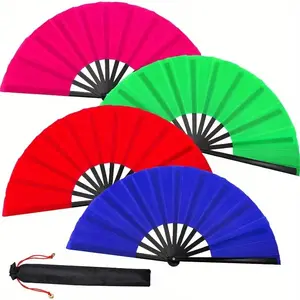 4pcs Large Folding Dance Fans, Come with 1pc Fan Sleeves, Hand Fans for Line Dancing - Classic Style (Blue, Rose Red, Green, Red) Perfect for Festivals, Parties & Performance Decor