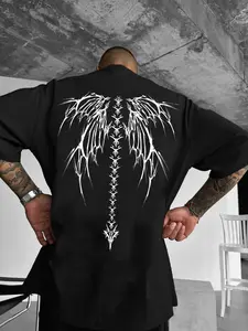 Men's Round Neck Printed Geometric Wings Short Sleeve T-Shirt, American Style Streetwear Casual Fashion, Fitted Half Sleeve Top for Daily Wear and Social Gatherings