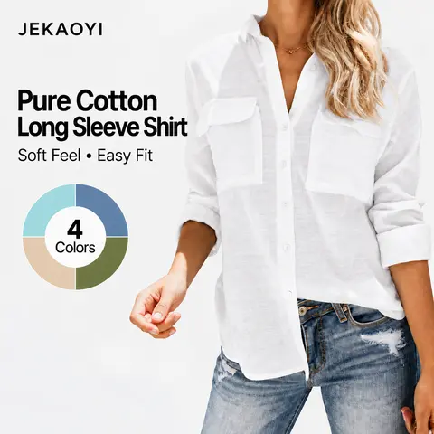 JEKAOYI Womens Oversized Roll Up  Cotton Button Down Long Sleeve Shirts
