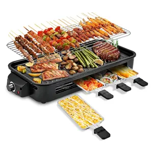 SUSTEAS 1500W yellow electric grill—smokeless indoor cooking with non-stick plate,3 raclette pans & dishwasher-safe parts. Great for steaks, hot dogs Burger, Eggs, & more! Portable Outdoor Griddle.Nonstick Extra Large Cooking Surface！