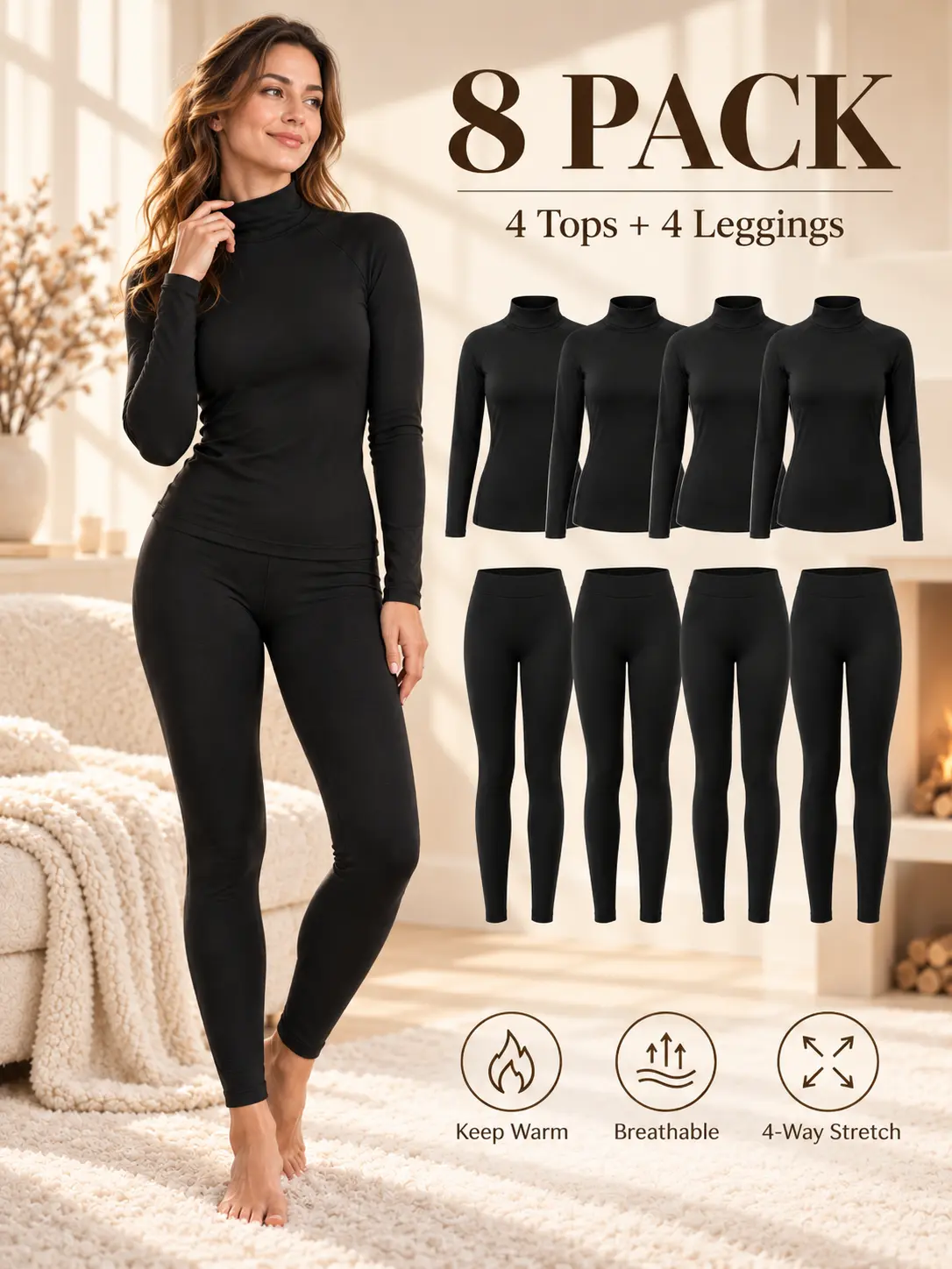 Women's Basic Light 8-Pcs (4 Tops+4 Bottoms) Turtleneck Thermal Underwear Sets - Comfortable, Soft, Flexible, Breathable Base Layer with Long-Sleeve Tops & Leggings for Warmer Chilly Day Indoor/Outdoor Use