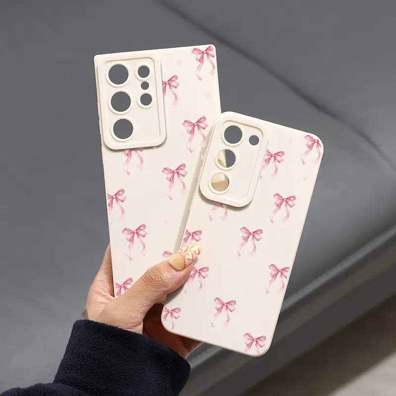 For Samsung Full Coverage Anti Shock Silicone Phone Case, Pink Bow & Heart Pattern, for Galaxy S24 S23 S22 Plus Ultra FE S21+ S20 A72 A54 5G A53 A52 A52S A51 A33 A32 A23 A22 A21S GN1