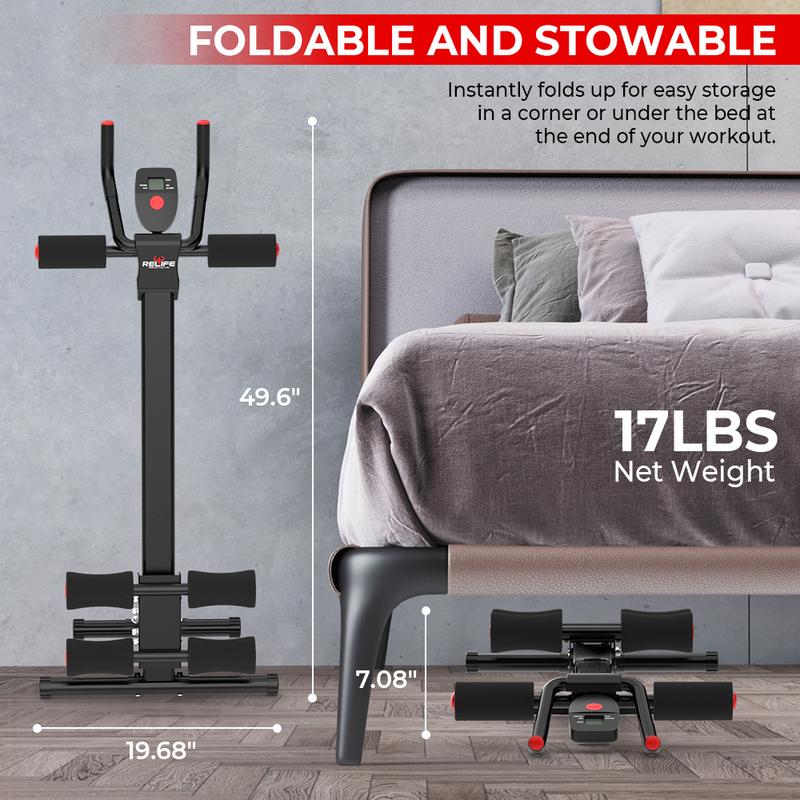 RELIFESPORTS Foldable Height-Adjustable Ab Machine, LCD Monitor Ab Trainer, Full-Body Core Workout Fitness Equipment Home Gym Abdominal Training Board