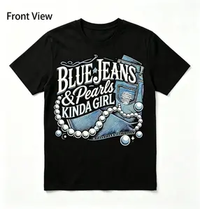 Women's Blue Jeans and Pearls Graphic TShirt Cotton Casual Short Sleeve Round Neck Top with Geometric Design for Spring Summer Daily Wear Relaxed Fit Streetwear Durable Casualwear Tshirt
