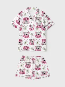 Women's Sleepwear 2-Piece Set, Casual Comfort Short Sleeve Top & Shorts, Cute Koala Print, Summer Home Wear, Fitted Style