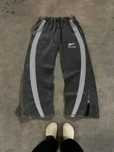 1pc Men's Washed Grey Baggy Sweatpants Curved Side Striped Tracksuit Pants Zipper Hem Flare Trousers The Star Print Retro Streetwear for Daily Wear