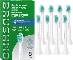 Compact Total Clean Replacement Toothbrush Heads Compatible with Philips Sonicare - 8 Pack, White