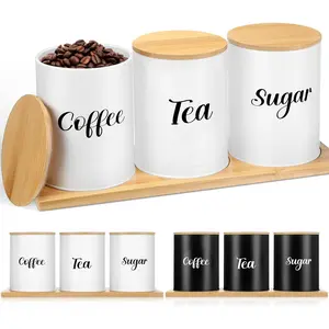 Coffee  Sugar Container Set with Tray, Set of 3 Airtight Metal Canister with  , Farmhouse Kitchen Counter Organizer for Coffee Bar and Drink Station (White)