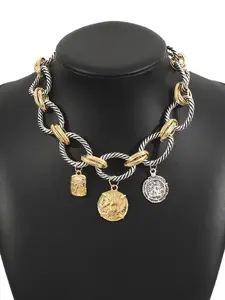 Bohemian Style and Twisted Chain Necklace with Vintage Coin Pendant, Alloy Material Pendant Jewelry for All Seasons, Punk Fashion Accessory, Dainty Layering Jewelry
