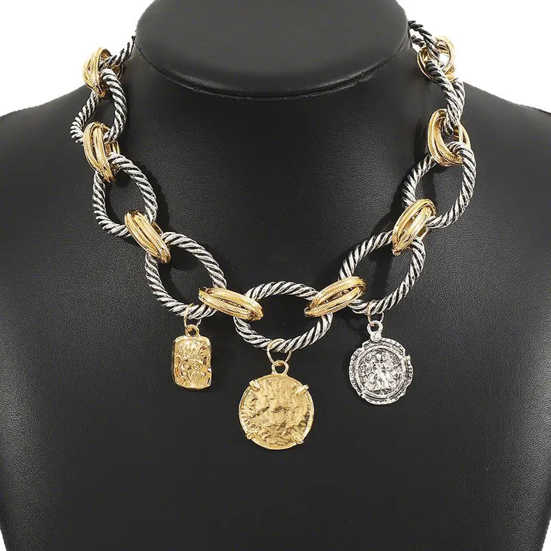 Bohemian Style Twisted Chain Boho Style Necklace with Vintage Coin Pendant, Alloy Punk Statement Fashion Costume Jewelry Necklace for Women, Adjustable Length Pendant