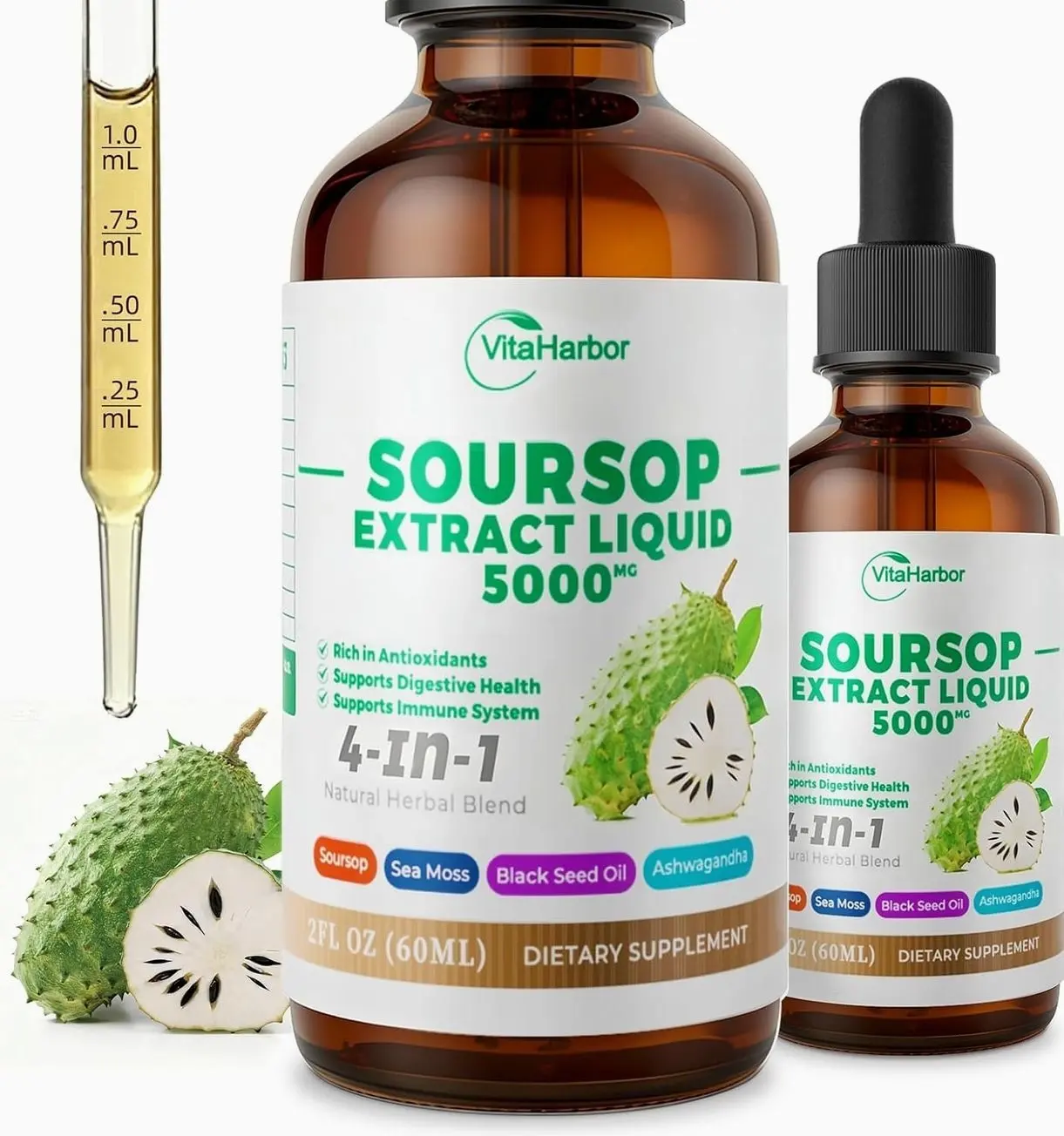 4-in-1 Soursop Bitters Liquid, Soursop Oil with Sea Moss & Black Seed Oil & Ashwagandha, for Immune & Digestive & Cell Support, Sugar-Free | Non-GMO | Vegan (2 Fl oz) Slightly Sweet Flavor