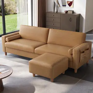 Vesgantti 100" Faux Leather Sofa with Movable Ottoman, Large 2 Seater L Shaped PU Leather Couch with Side Pocket, Comfy Mid Century Modern Modular Sectional Sofa for Living Room, Apartment, Camel