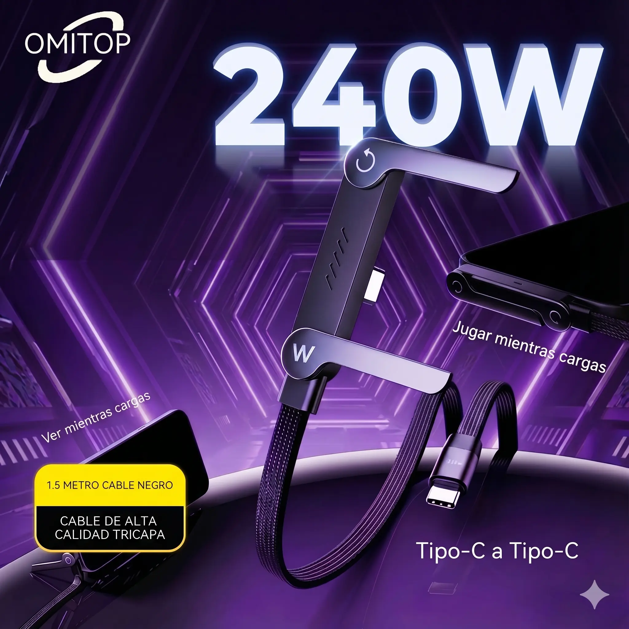 OMITOP 240W 1.5M Invisible Stand Fast Charging Cable, 240W USB C to USB C Flat Cable 90 Degree Angled, Sideways Phone Type C Charger Cord (4.9FT) Compatible with iPhone 15 16 17 Series ,Samsung S26 S25