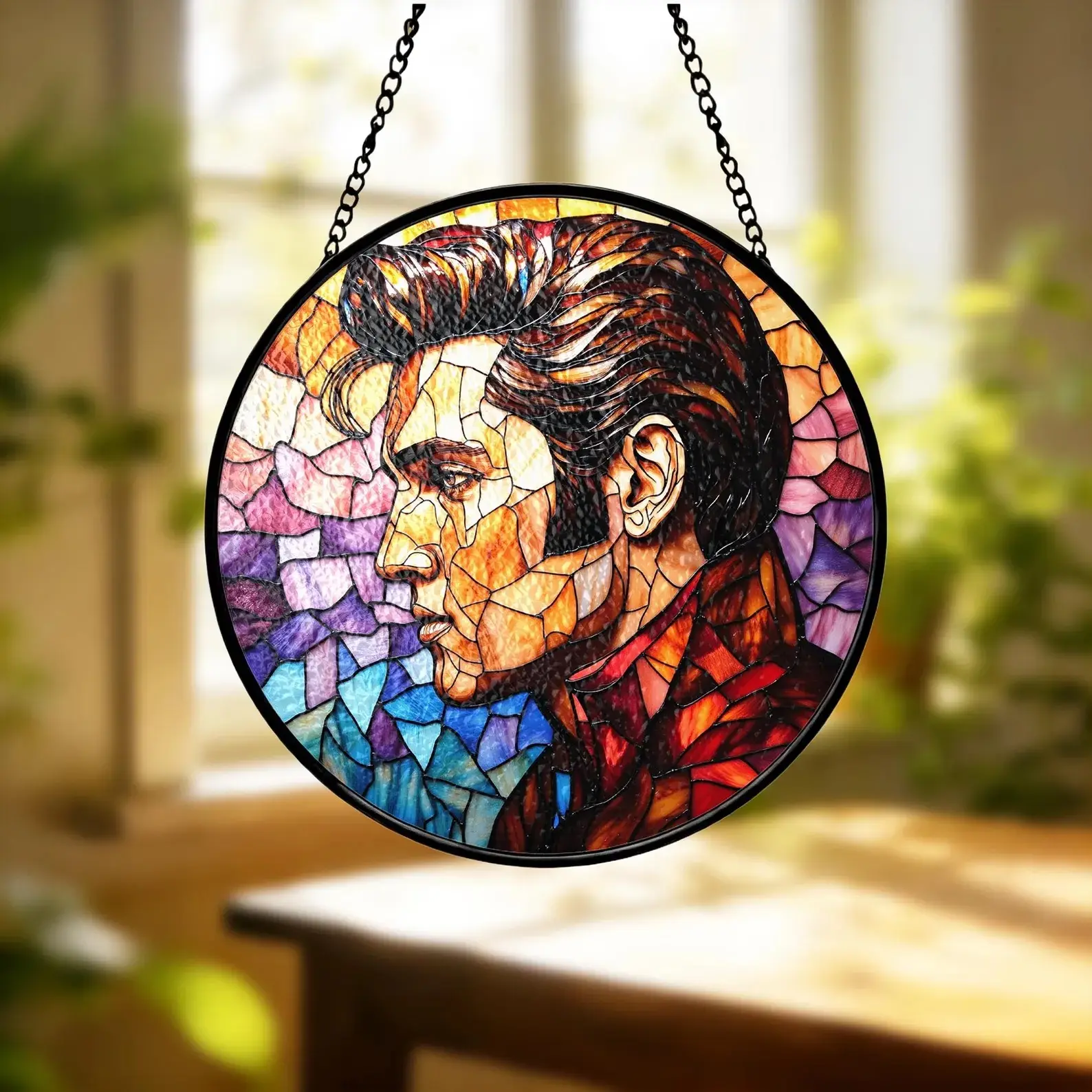 Elvis Presley Stained Glass Suncatcher, Rock n Roll Portrait, Music Room Decor