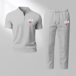 Men’s Waffle Knit 2-Piece Set, USA Print Zip Henley Collar Short-Sleeve Top & Long Pants, Breathable Soft Loose-Fit Outfit for Casual Everyday Wear