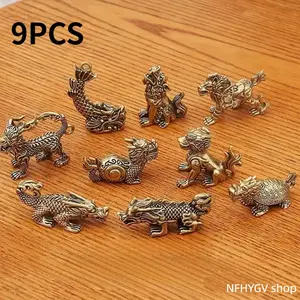 Nine Pieces Vintage Brass Dragon Nine Sons Figurine Set Classic Metal Craft Ornaments Retro Collectible Decor Pieces for Household Interior Layout Office Desktop Display And Traditional Style Space Decoration
