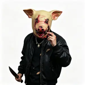 Bloody Horror Latex Pig Head Mask with Wounds — Killer Pig Head Headpiece for Halloween Cosplay Prank Props