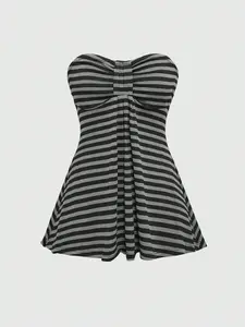 Women's Striped Strapless Bandeau Top, Ruched Babydoll Ruffle Blouse, Black & Gray Striped Y2K Sleeveless Draped Cropped Tank Top. Ideal for casual, party and beach occasions.