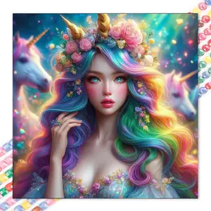 1 DIY diamond painting kit, 5D diamond art set, DIY decoration, unicorn, rainbow hair, wreath, full round diamond diamond painting kit, mosaic, diamond art, DIY art home decor, suitable for Christmas.