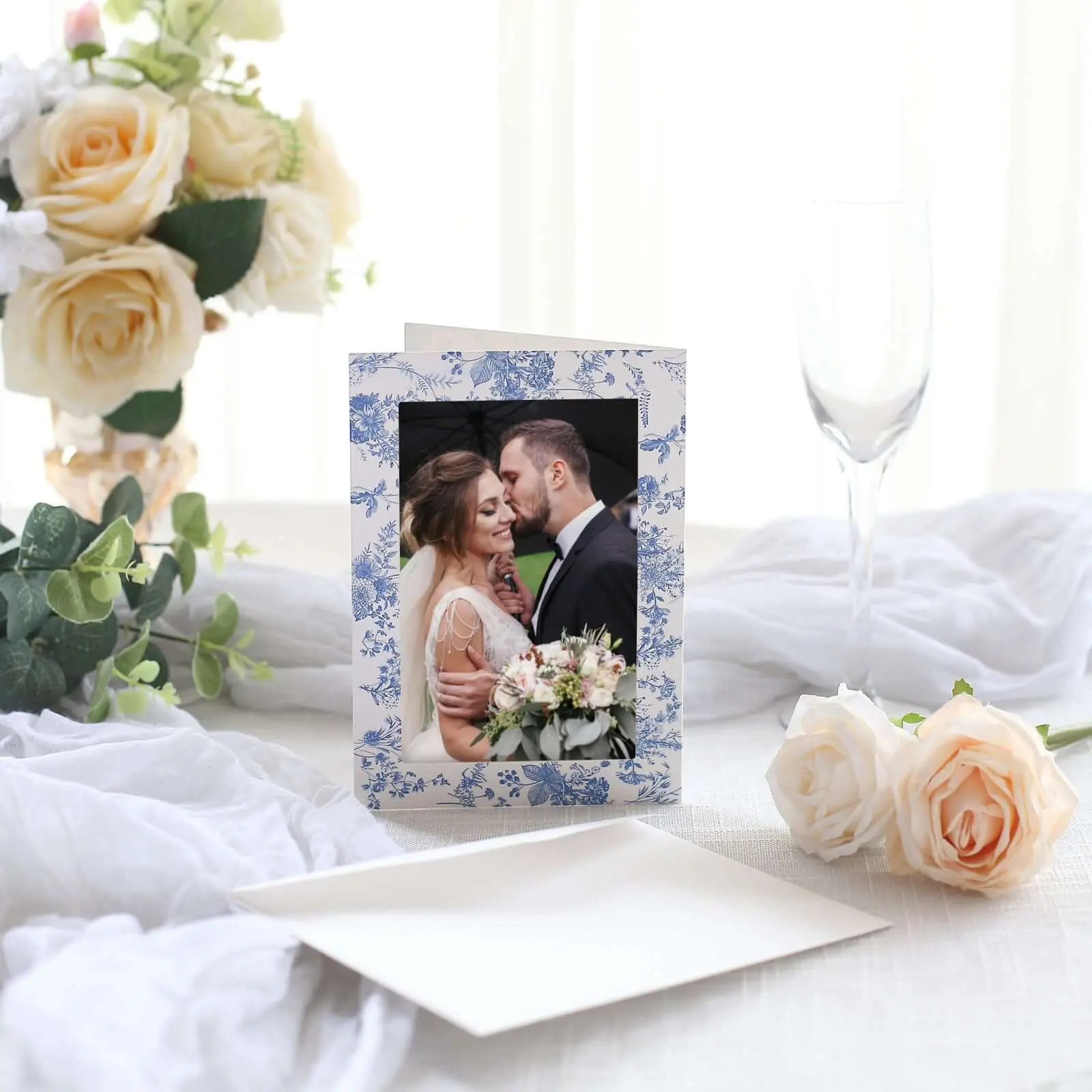 Bulk Thank You Cards with Envelopes Set, 25-Pack 3.5"x5.5" White Blue French Toile Photo Frame Notes - Picture Insert Invitations for Weddings, Events, Thank You Notes With Envelopes Set