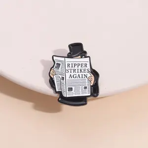 Men who read newspapers, design badges, creative personalities, English letters, baked paint, metal brooches, versatile accessories, medals, badges, brooches, suitable for going out, parties, daily life
