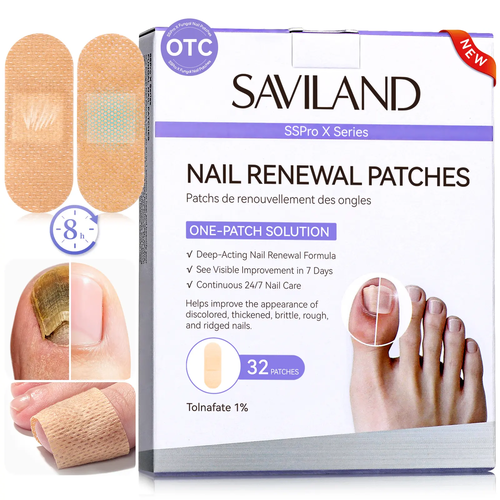SAVILAND Extra Strength Fungal Nail Patches – 8H Overnight Repair with 1% Tolnaftate. This 32-piece set targets thick, yellow, and damaged nails while you sleep, promoting nail renewal and a clearer, healthier look.