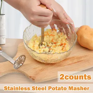 2 Counts Stainless Steel Potato Masher, Heavy Duty Manual Masher with Wood Handle, Pumpkin Avocado Bean Vegetable Masher for Kitchen
