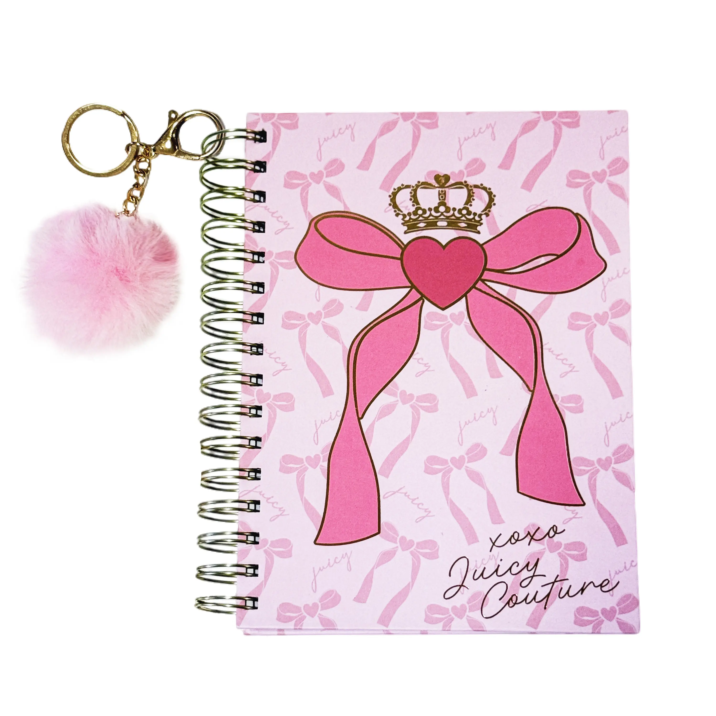 Juicy Couture Bow Print Spiral Notebook Set with Blush Pompom Keychain, Office Stationery Supplies, Writing Stationery
