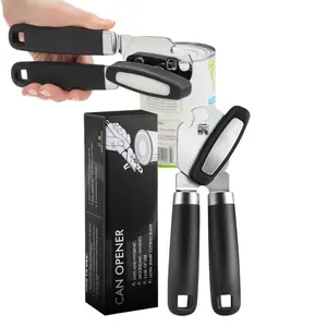 1pc Heavy-Duty Stainless Steel Manual Can Opener & Bottle Opener (Smooth-Edge Design) — Features Soft, Comfortable Handles and an Extra-Large Knob — Multifunctional Kitchen Tool — Black