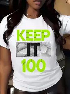 Plus Size, Women's "Keep It 100" Patterned T-shirt| Neon Green Text Paired with a Striking Design, Casual Crew Neck T-shirt, Suitable for Casual Attire,Suitable for All Seasons