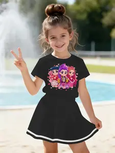 Women Summer Sweet Cute Two-Piece Set, 3D Digital Print Comfortable Casual Short Sleeve T-Shirt and Skirt Set, All Seasons